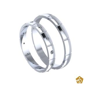 Par de Aliança Artística de Ouro Branco 18k - com frisos e gemas 